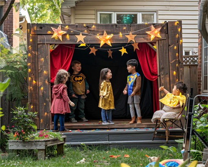 Rustic wooden backyard children’s stage with red curtains and star string lights for kid plays