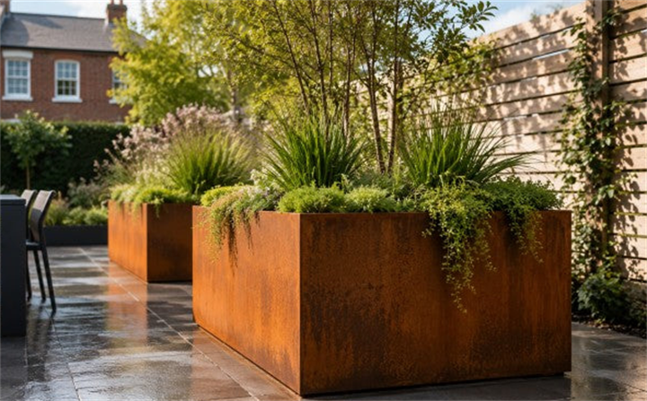 Large rectangular weathering steel Corten planters filled with ornamental grasses on modern paved backyard patio