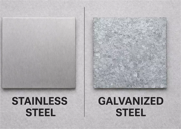 Surface texture comparison sample panels: brushed stainless steel vs hot-dip galvanized steel sheet