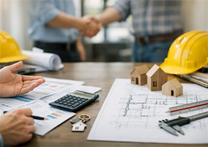 Construction planning meeting with blueprints, model houses and hard hats during contractor bid negotiations