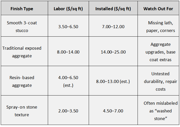 Price comparison table: labor and installed costs for outdoor kitchen stucco finish types