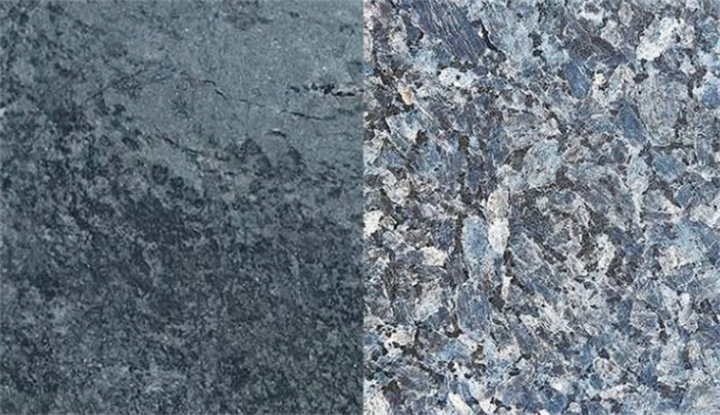 Side-by-side comparison: honed soapstone (left) vs speckled blue granite (right), natural stone countertop materials for indoor and outdoor kitchens