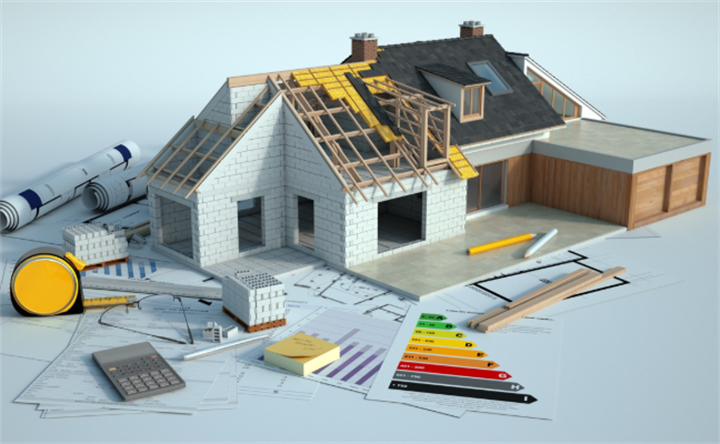 3D model of residential home under construction laid on architectural drawings with survey tools, energy charts and cost calculators