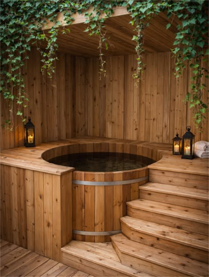 Wooden outdoor soaking barrel tub sheltered under ivy, intimate private hot tub retreat