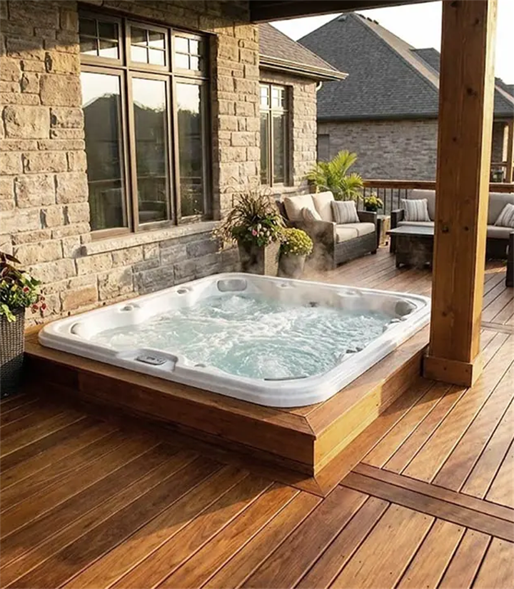 Built-in hot tub on timber deck next to stone house, quiet private patio spa zone