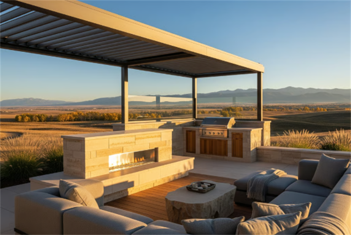 Modern louvered pergola outdoor living area with fireplace and open mountain views, ideal for controlled winter sunlight access
