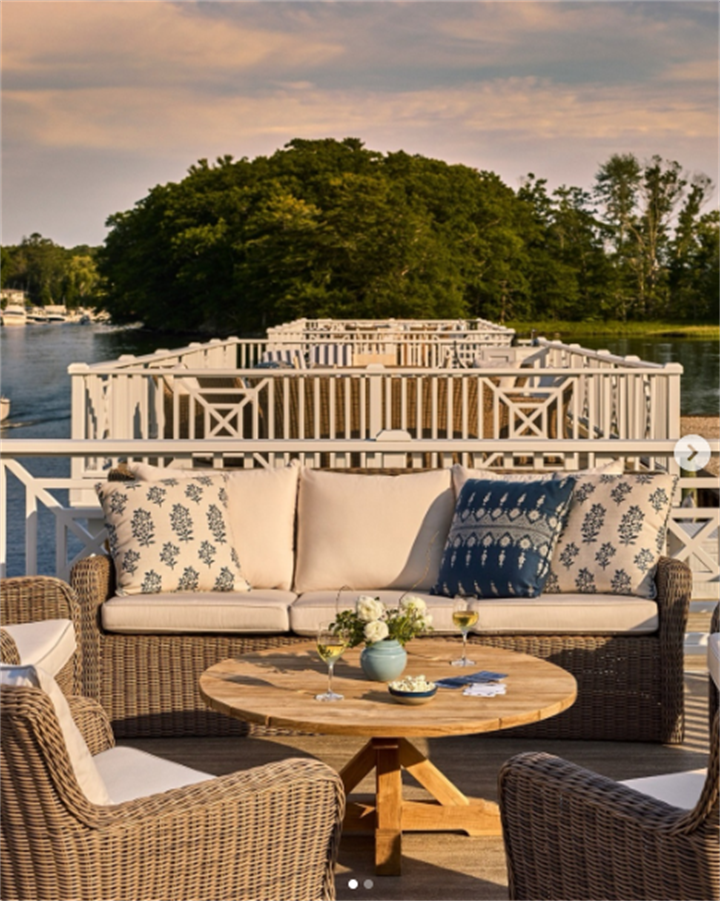 Stain-resistant composite deck lounge area on a Maine riverside dock, no tannin bleed discoloration