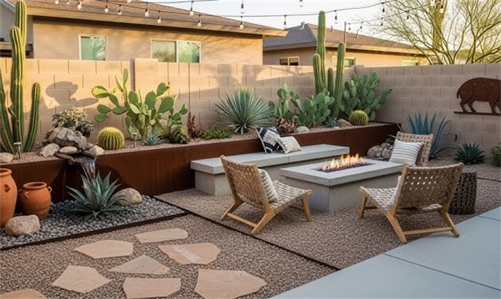 Desert Phoenix courtyard with cactus garden, fire pit and raised earth planters for heat control