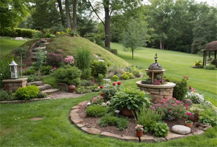 Landscaped septic mound integrated into a lush ornamental backyard garden