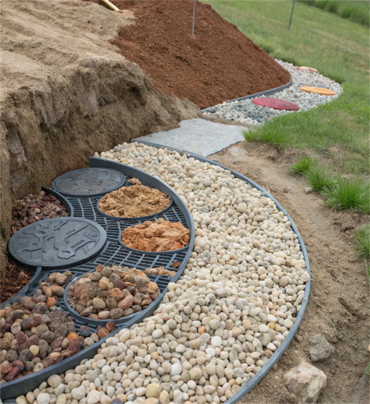 Septic system access covers hidden within decorative gravel garden edging