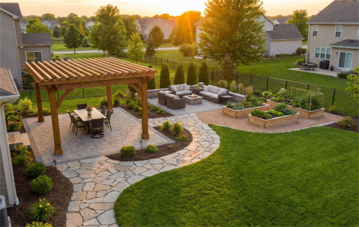 Aerial view of small backyard divided into dining pergola, lounge fire pit, and raised vegetable garden zones