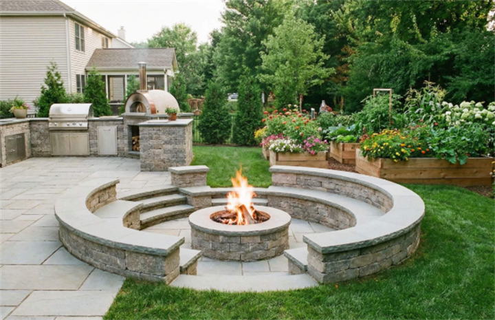 Compact backyard layout featuring outdoor kitchen, curved fire pit seating, and flower & vegetable planting zones