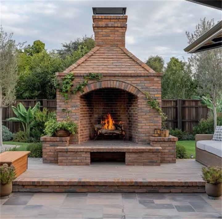 Custom outdoor brick fireplace built with reclaimed vintage bricks on residential backyard patio
